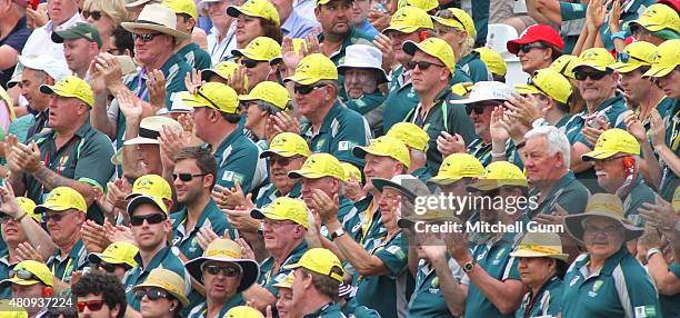 Australian fans applaud Chris Rogers 150 runs during day one of the 2nd Investec Ashes Test match between England and Australia at Lord's Cricket...