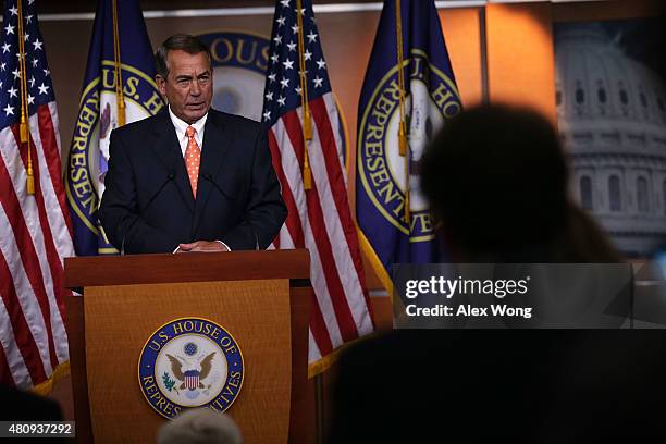 Speaker of the House Rep. John Boehner speaks to members of the media during his weekly news conference July 16, 2015 on Capitol Hill in Washington,...