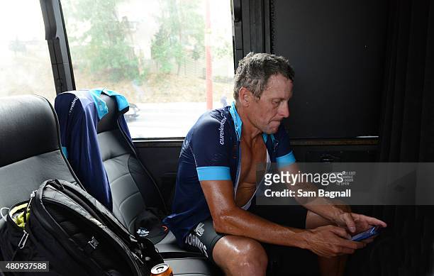 Lance Armstrong after completing stage thirteen of the One Day Ahead riding with Cure Leukaemia charity riders - Le Tour 2015 on July 16, 2015 in...
