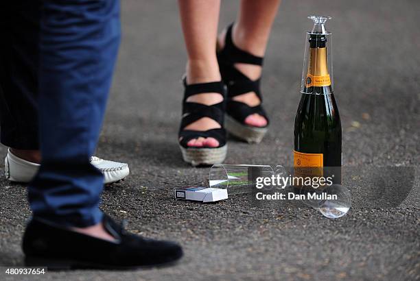 Champagne bottle and glasses are discarded on the floor during day one of the 2nd Investec Ashes Test match between England and Australia at Lord's...