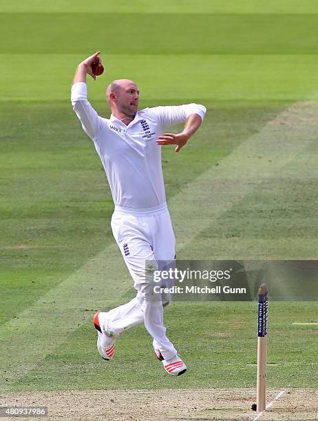 Adam Lyth of England bowling during day one of the 2nd Investec Ashes Test match between England and Australia at Lord's Cricket Ground on July 16,...