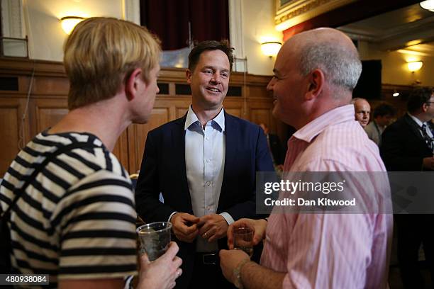 Former Liberal Democrat Party Leader Nick Clegg chats with guests at Islington Assembly Hall on July 16, 2015 in London, England. Tim Farron, MP for...