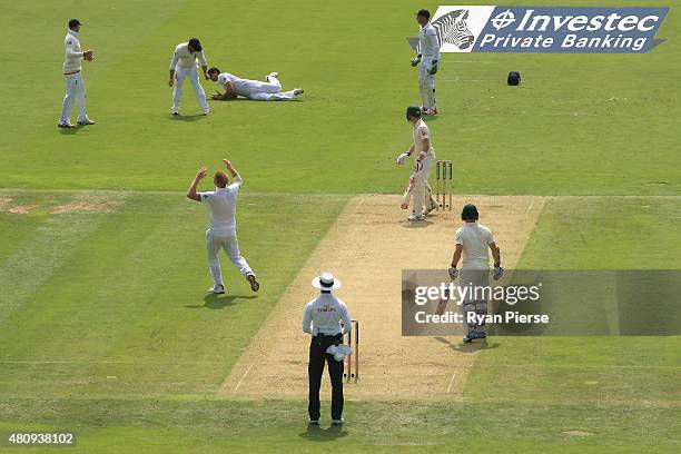 Ian Bell of England reacts after dropping Steve Smith of Australia off the bowling of Ben Stokes of England during day one of the 2nd Investec Ashes...