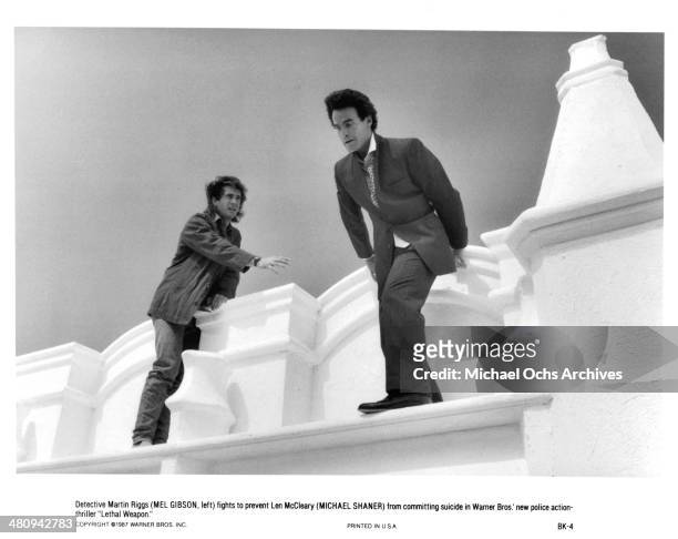 Actors Mel Gibson and Michael Shaner in a scene from the Warner Bros. Movie "Lethal Weapon" circa 1987.