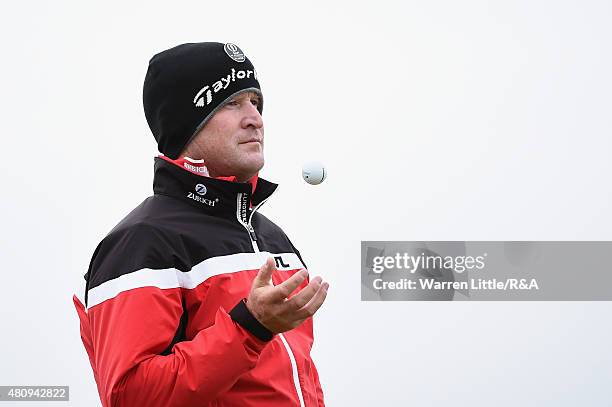 Jamie Donaldson of Wales waits on the 17th tee during the first round of the 144th Open Championship at The Old Course on July 16, 2015 in St...