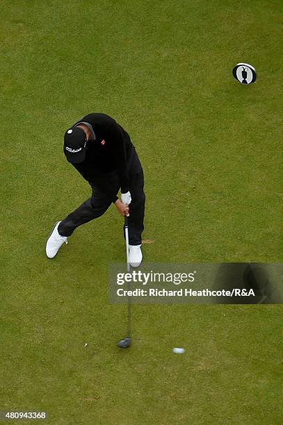 Adam Scott of Australia hits his tee shot on the 18th hole during the first round of the 144th Open Championship at The Old Course on July 16, 2015...