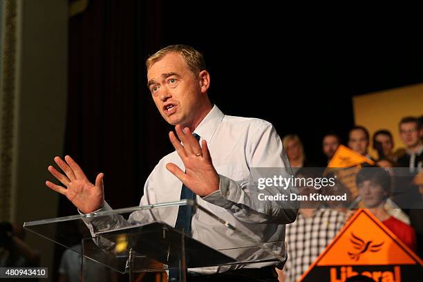 New Liberal Democrat Party Leader Tim Farron gives a speech as he becomes the new leader of the party at Islington Assembly Hall on July 16, 2015 in...