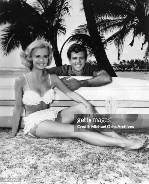 Entertainer Shelley Fabares and Fabian pose for a portrait on the set of the movie "Ride The Wild Surf" which was released in 1964.