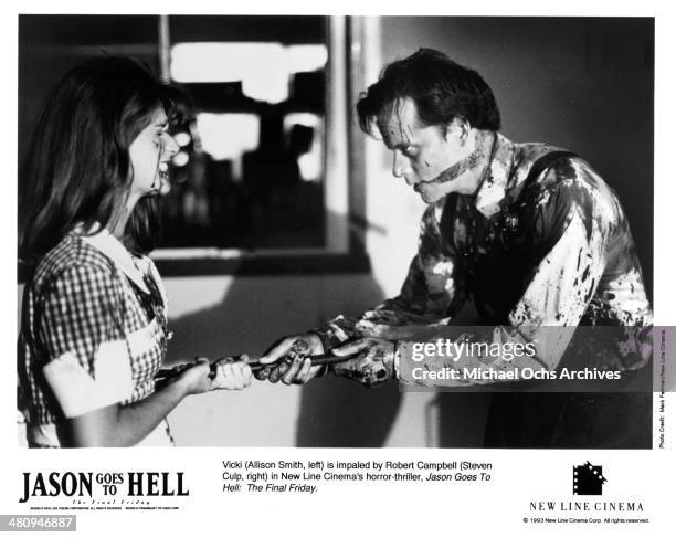 Actress Allison Smith and actor Steven Culp in a scene from the New Line Cinema movie "Jason Goes to Hell: The Final Friday", circa 1993.