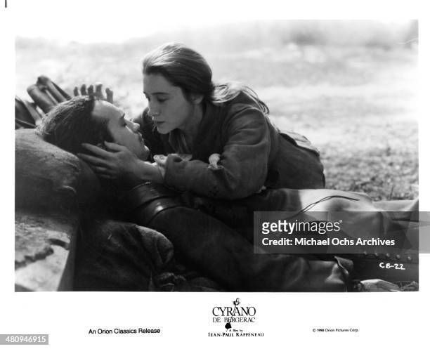 Actor Vincent Perez and actress Anne Brochet in a scene from the Orion Pictures movie " Cyrano de Bergerac " , circa 1990.