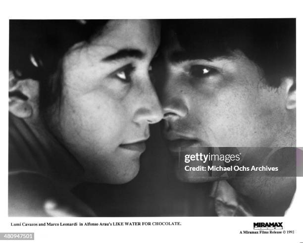 Actor Marco Leonardi and actress Lumi Cavazos in a scene from the Miramax movie "Like Water for Chocolate" circa 1992.