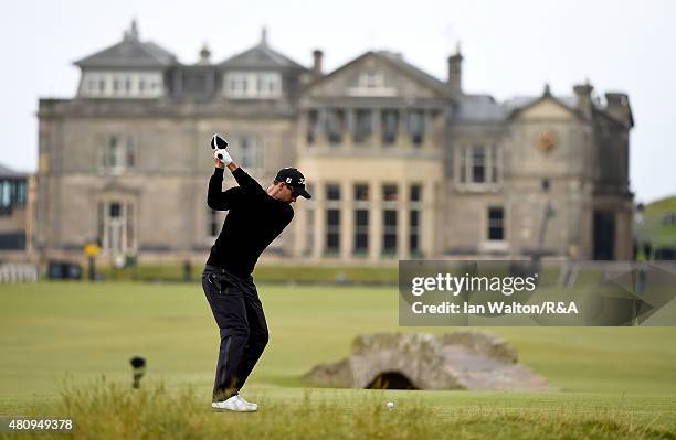 Adam Scott of Australia hits his tee shot on the 18th hole during the first round of the 144th Open Championship at The Old Course on July 16, 2015...