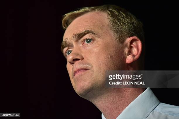 Britain's newly elected leader of the Liberal Democrats, Tim Farron, pauses as he addresses party members in London on July 16 after being announced...