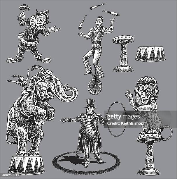 stockillustraties, clipart, cartoons en iconen met circus performers, acrobat, juggler, clown, ring leader - emcee