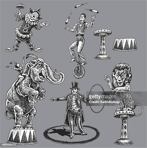 circus performers, acrobat, juggler, clown, ring leader - clown stock illustrations