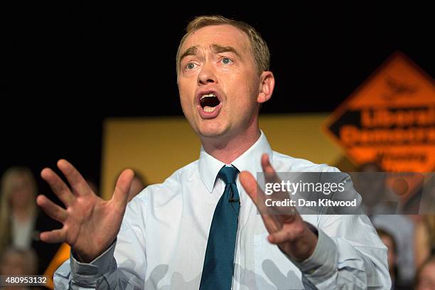 New Liberal Democrat Party Leader Tim Farron gives a speech as he becomes the new leader of the party at Islington Assembly Hall on July 16, 2015 in...