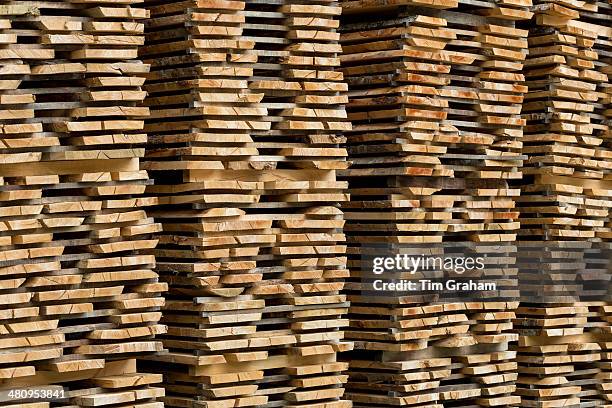 timber planks stacked to season, spain - plank timber stockfoto's en -beelden