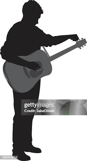 man tuning guitar silhouette - tuning guitar stock illustrations