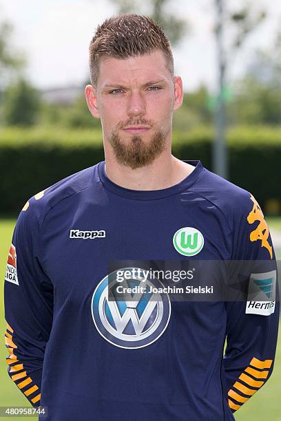 Max Gruen poses during the team presentation of VfL Wolfsburg at Volkswagen Arena on July 16, 2015 in Wolfsburg, Germany.