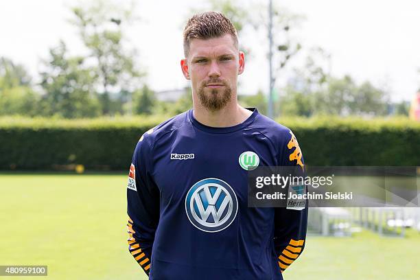Max Gruen poses during the team presentation of VfL Wolfsburg at Volkswagen Arena on July 16, 2015 in Wolfsburg, Germany.