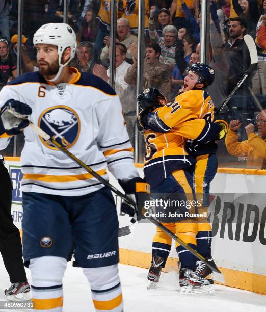 Colton Sissons of the Nashville Predators celebrates his first NHL goal against the Buffalo Sabres during an NHL at Bridgestone Arena on March 27,...