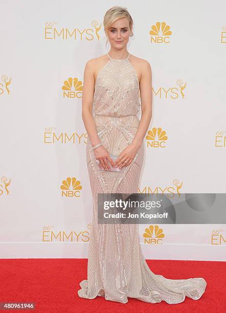 Actress Taylor Schilling arrives at the 66th Annual Primetime Emmy Awards at Nokia Theatre L.A. Live on August 25, 2014 in Los Angeles, California.