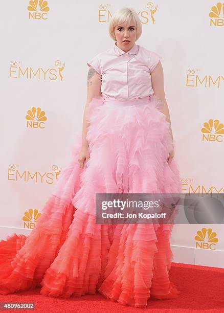 Actress Lena Dunham arrives at the 66th Annual Primetime Emmy Awards at Nokia Theatre L.A. Live on August 25, 2014 in Los Angeles, California.