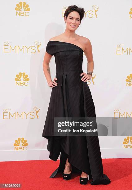 Actress Lena Headey arrives at the 66th Annual Primetime Emmy Awards at Nokia Theatre L.A. Live on August 25, 2014 in Los Angeles, California.