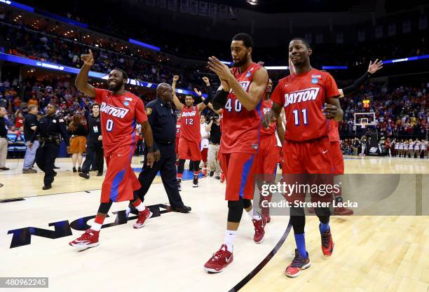 The Dayton Flyers walk off the floor after defeating the Stanford Cardinal 82-72 in a regional semifinal of the 2014 NCAA Men's Basketball Tournament...