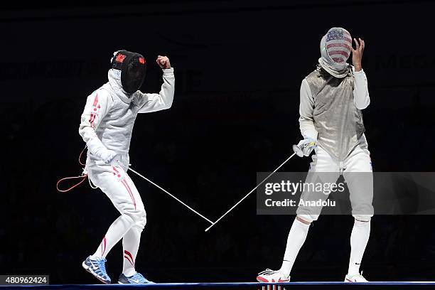 Yuki Ota of Japan competes with Alexander Massialas of United States during the Man's Senior Fleuret final match within the 2015 World Fencing...