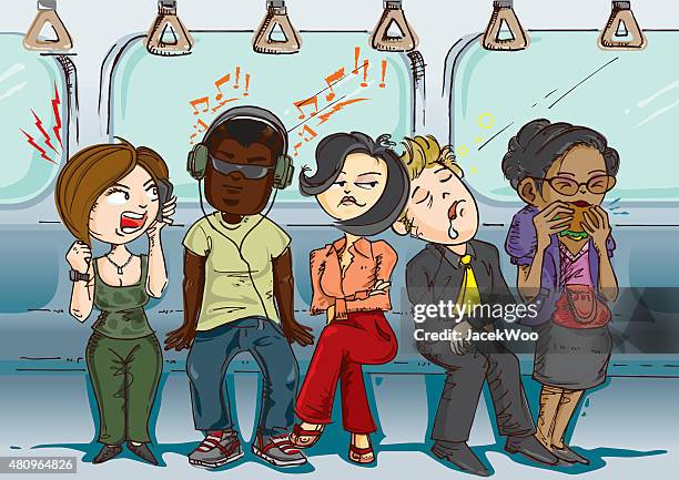 inconsiderate passengers - underground train stock illustrations