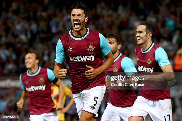 James Tomkins of West Ham United celebrates after his goal during the UEFA Europa League second qualifying round match between West Ham and FC...