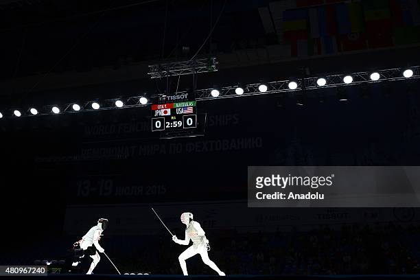 Yuki Ota of Japan competes with Alexander Massialas of United States during the Man's Senior Fleuret final match within the 2015 World Fencing...