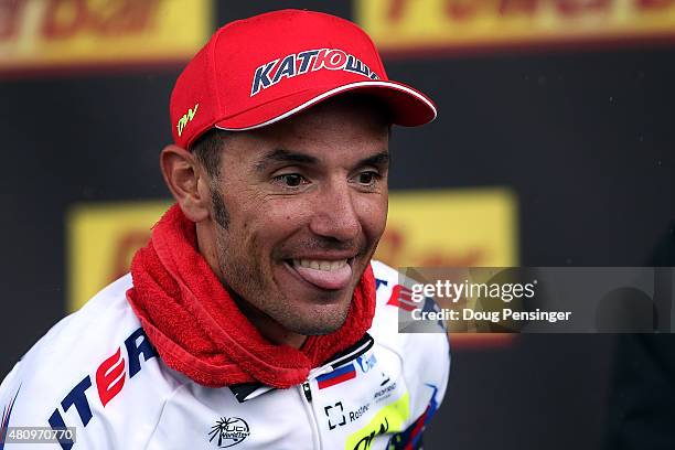 Joaquim Rodriguez of Spain riding for Team Katusha celebrates on the podium after winning stage 12 of the 2015 Tour de France from Lannemezan to...