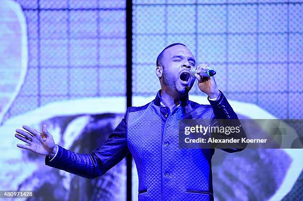 Joseph Guyton of Nica & Joe performs during the Ernsting's family Fashion Show Autumn/Winter 2015 at Hotel Atlantic on July 16, 2015 in Hamburg,...