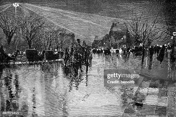 cloudy evening on madison square in new york - new york city sidewalk night stock illustrations