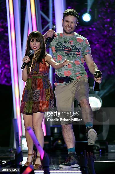 Actress/comedian Natasha Leggero and actor Taran Killam present the award for Feels Freak Out of the Year during the MTV Fandom Fest San Diego...