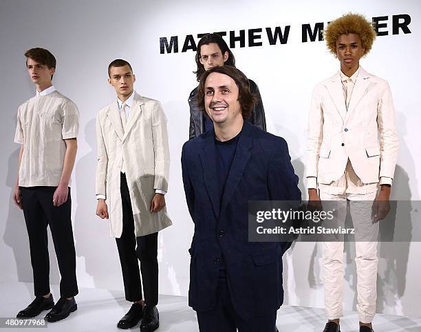 Menswear designer Matthew Miller poses at Capsule - Presentation - New York Fashion Week: Men's S/S 2016 at Skylight Clarkson Sq on July 16, 2015 in...