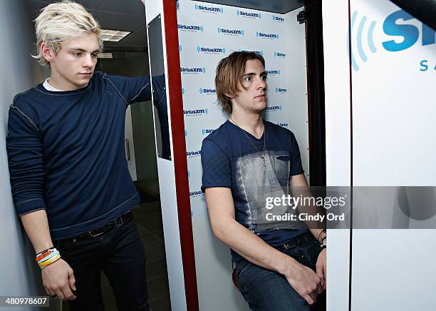 Ross Lynch and Rocky Lynch of R5 pose in the SiriusXM photo booth at the SiriusXM Studios on March 27, 2014 in New York City.