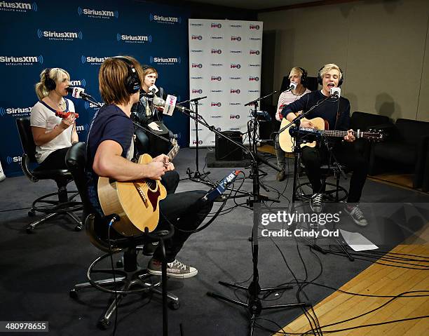 Rocky Lynch, Rydell Lynch, Ellington Ratliff, Riker Lynch and Ross Lynch of R5 perform at the SiriusXM Studios on March 27, 2014 in New York City.