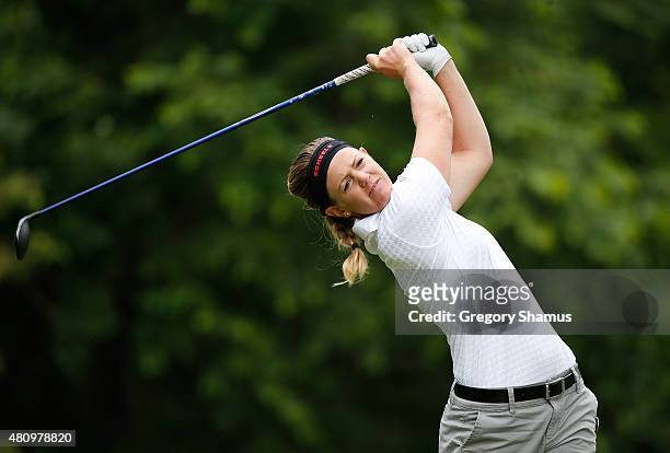 Amy Anderson watches her tee shot on the ninth hole during the first round of the Marathon Classic presented by Owens Corning and O-I at Highland...