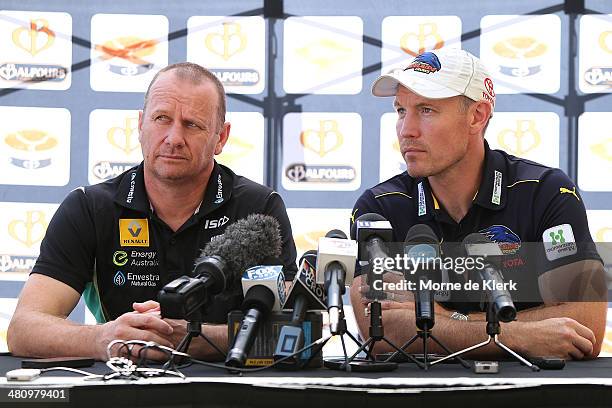 Ken Hinkley of Port Adelaide Power and Brenton Sanderson of the Adelaide Crows speak to media during an AFL press conference at Adelaide Oval on...