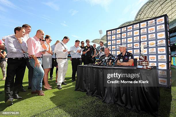 Ken Hinkley of Port Adelaide Power and Brenton Sanderson of the Adelaide Crows speak to media during an AFL press conference at Adelaide Oval on...