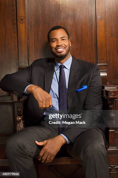 Basketball player Jason Collins poses for a portrait at the Logo TV's "Trailblazers" at the Cathedral of St. John the Divine on June 25, 2015 in New...