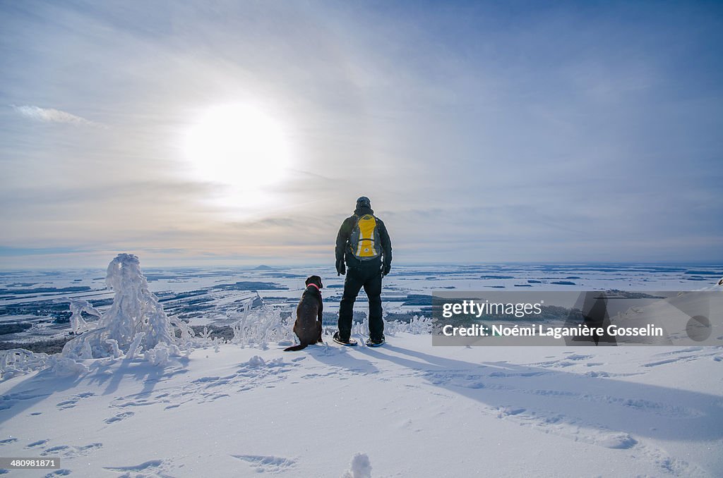 A man and his dog admiring the winter landscape