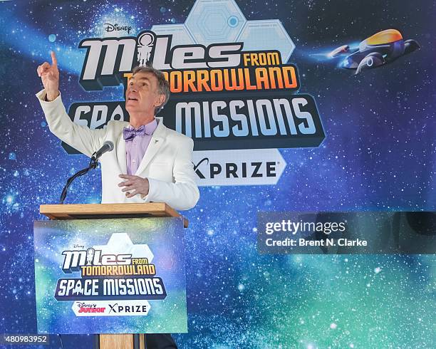 Scientist/educator Bill Nye speaks on stage during the "Miles from Tomorrowland: Space Missions" kick off event held at New York Hall Of Science on...