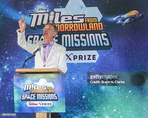 Scientist/educator Bill Nye speaks on stage during the "Miles from Tomorrowland: Space Missions" kick off event held at New York Hall Of Science on...