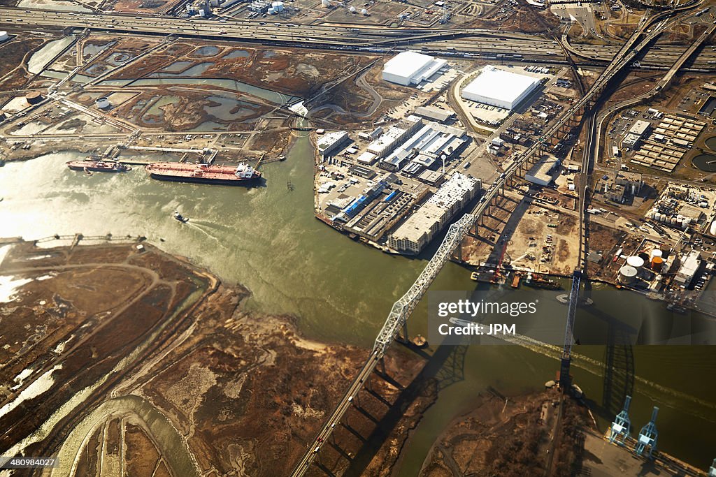 Aerial view of urban landscape with river and industry, New Jersey, USA