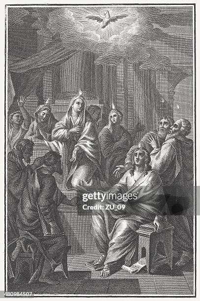 pentecost (acts 2, 1-4), copper engraving, published c.1780 - pentecost stock illustrations