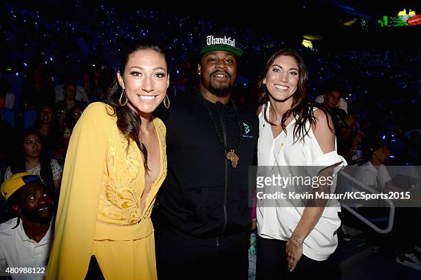 Soccer player Christen Press, NFL player Marshawn Lynch and USWNT soccer player & Olympian Hope Solo speak onstage at the Nickelodeon Kids' Choice...